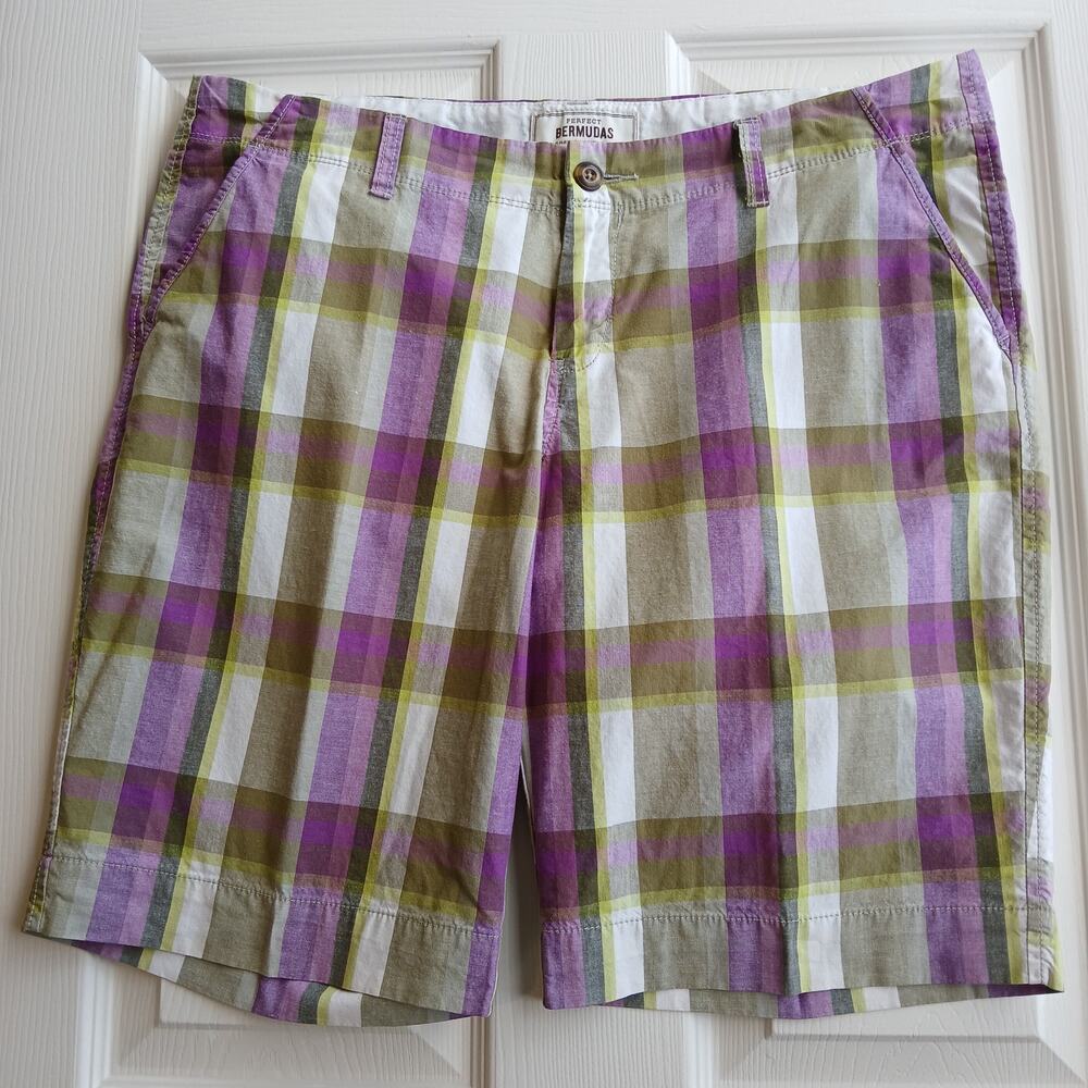 Old Navy Favorite Khakis Perfect Bermudas 14 plaid shorts cotton purple green
